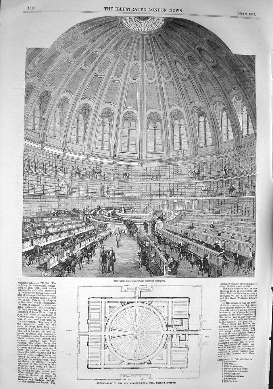 Original Old Antique Print 1857 Reading Room British Museum Royal Libra 19th