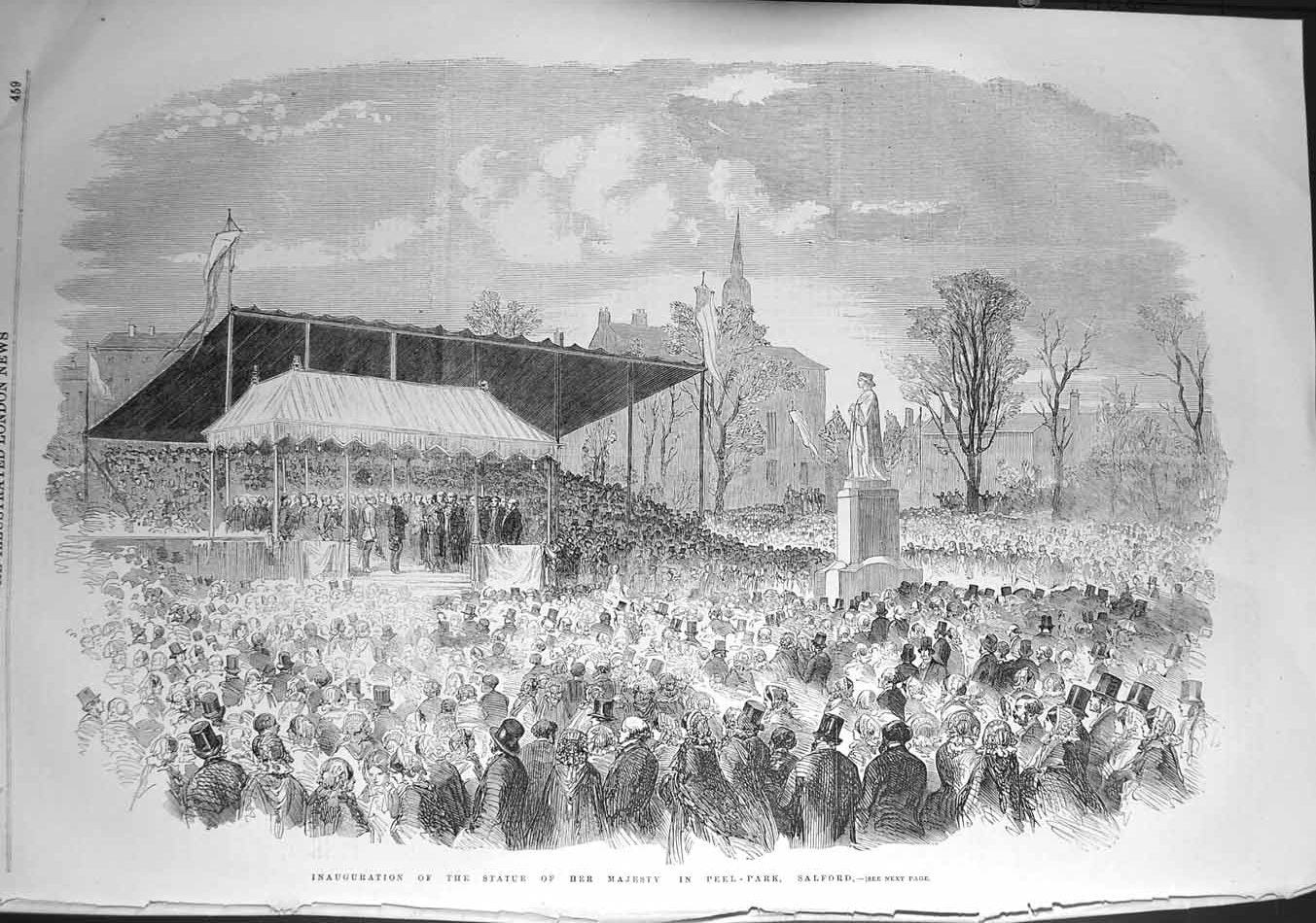 Original Old Antique Print 1857 Inauguration Statue Queen Peel Park Salford