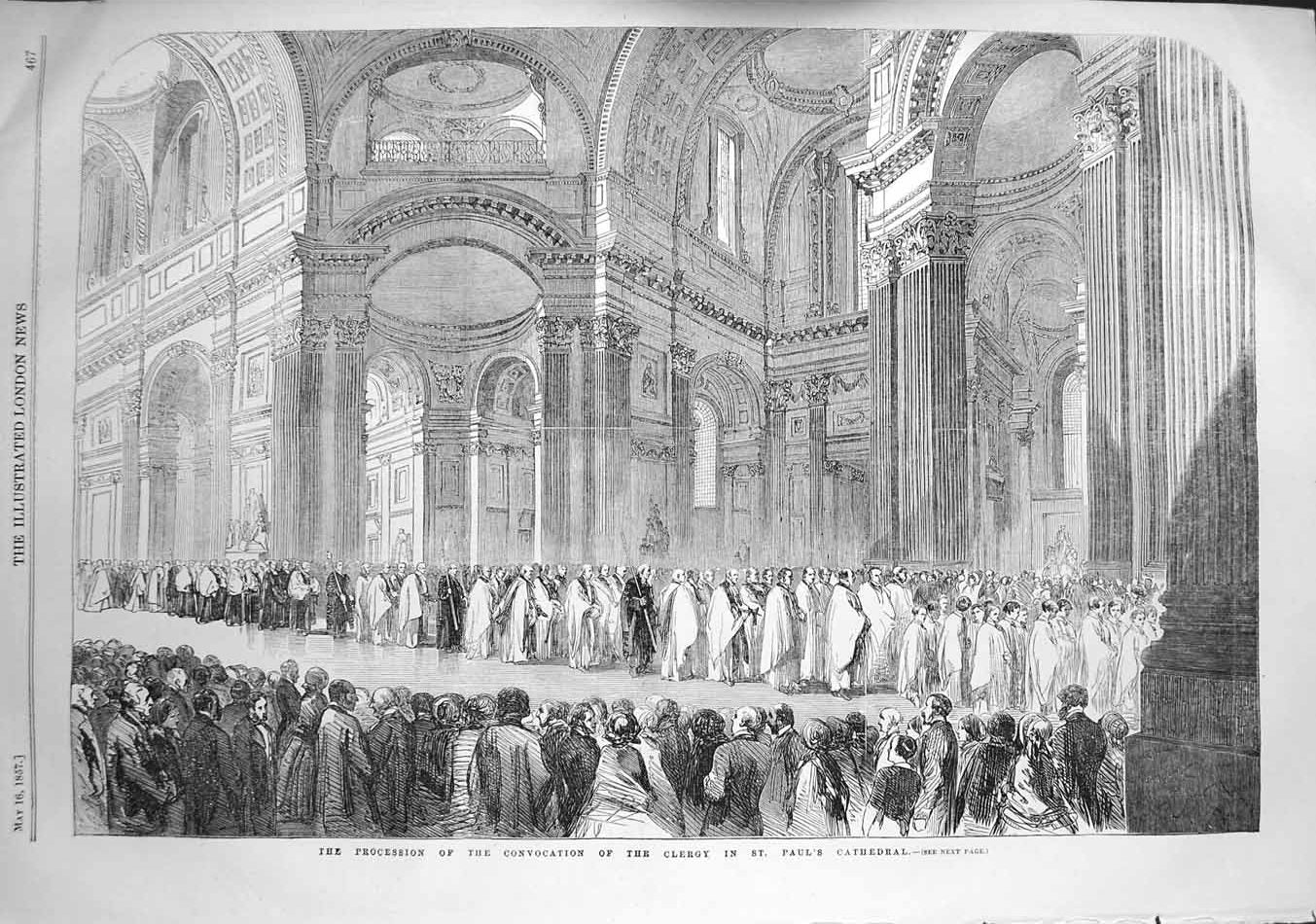 Original Old Antique Print 1857 Procession Convocation Clergy Paul'S Cathedral