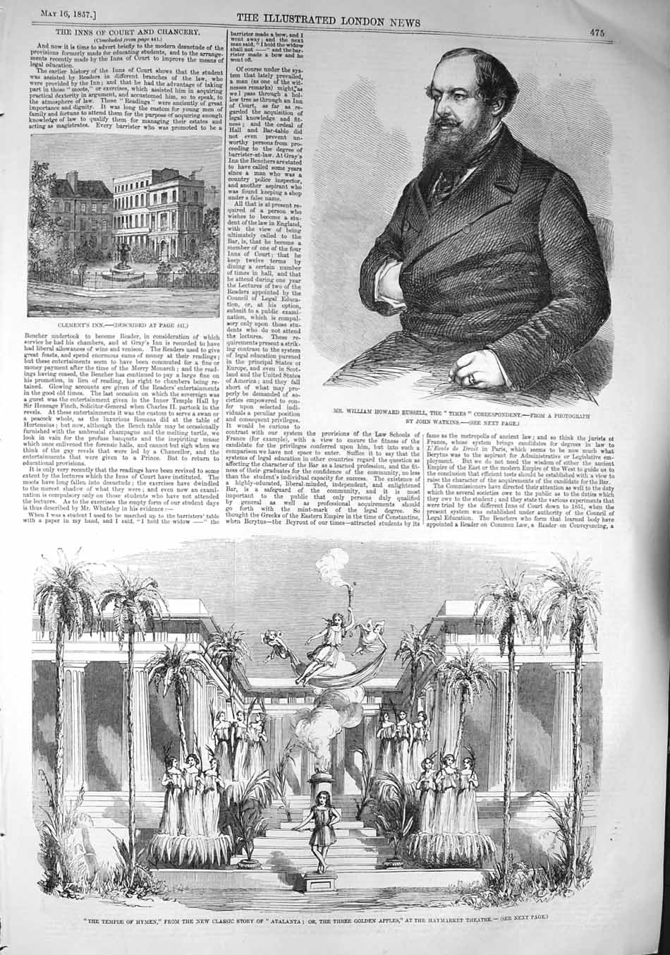 Old Antique Print 1857 William Russell Clement'S Inn Temple Hymen Theatre 19th