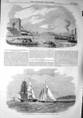 Original Old Antique Print 1857 Boat Race River Thames Shadow Yacht Isle Wight