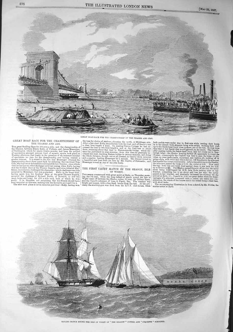 Original Old Antique Print 1857 Boat Race River Thames Shadow Yacht Isle Wight