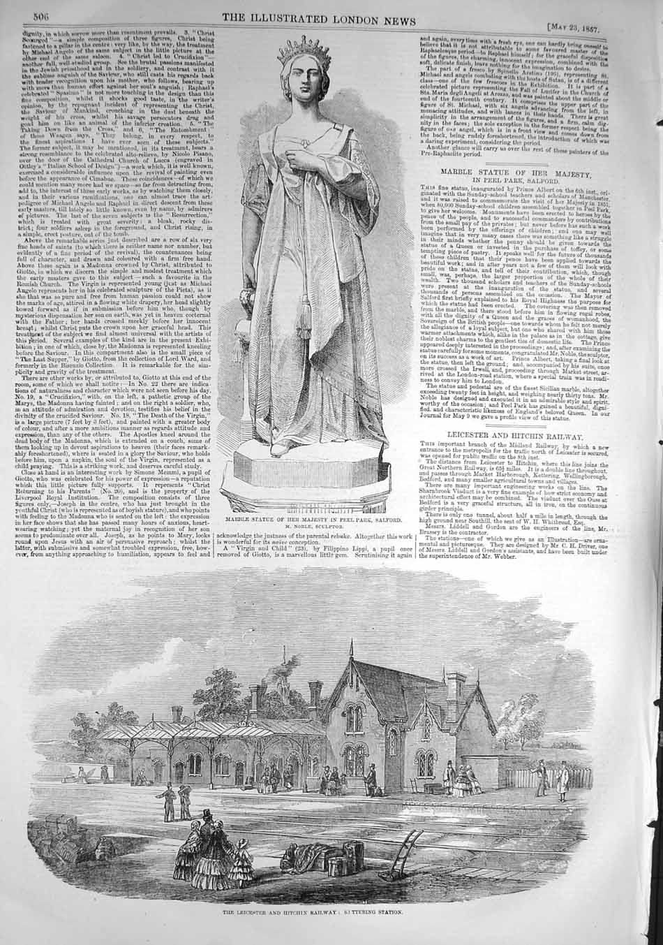 Old Antique Print 1857 Statue Queen Peel Park Salford Railway Kettering 19th