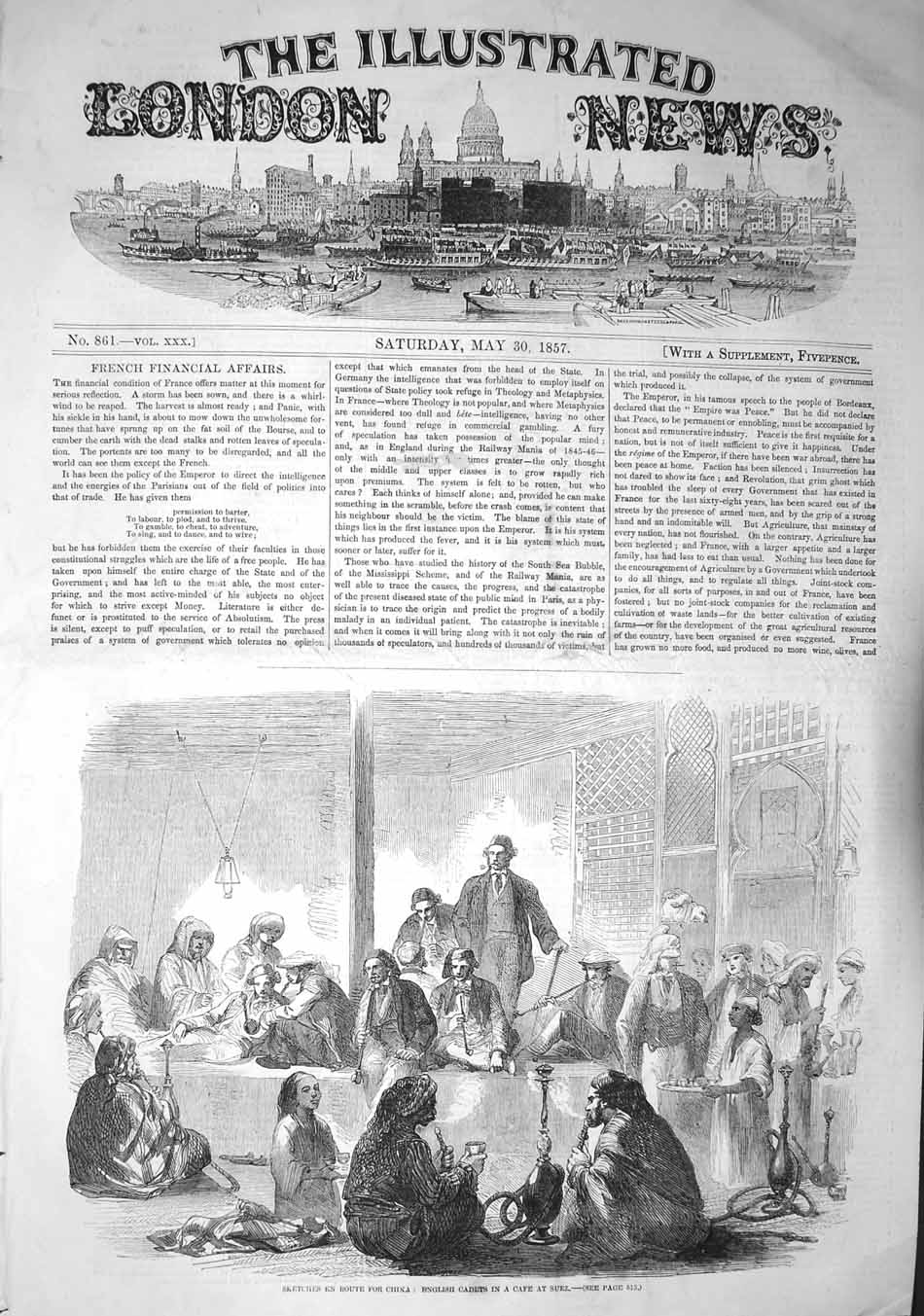 Original Old Antique Print 1857 English Cadets CafÇ Suez Egypt Travellers China