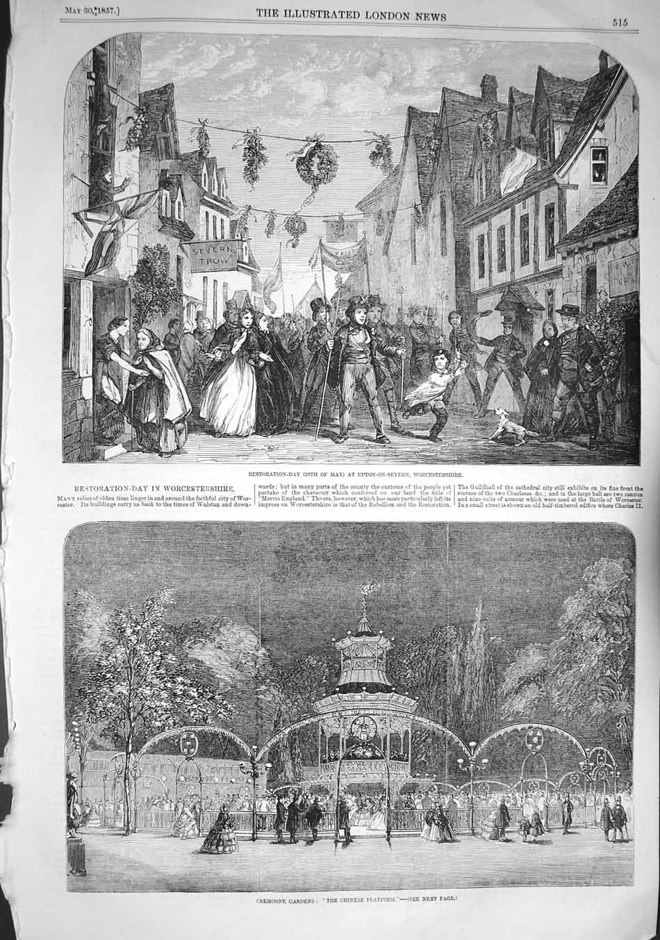 Original Old Antique Print 1857 Restoration Day Worcestershire Cremorne Gardens