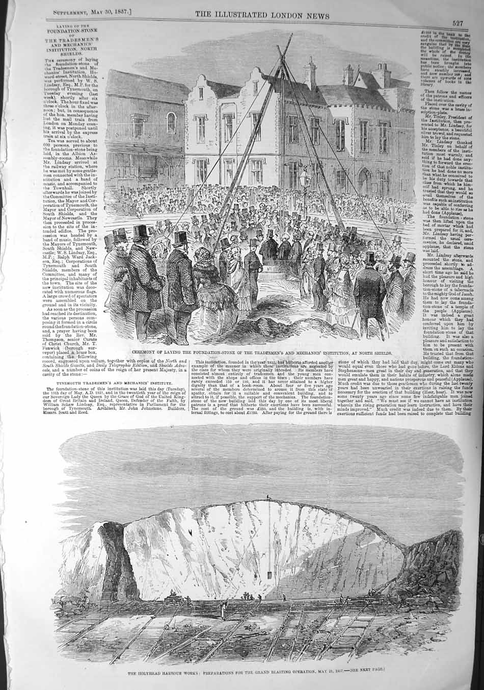 Original Old Antique Print 1857 Holyhead Harbour Works Tradesmen North 19th