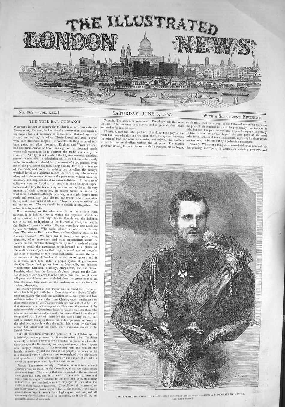 Old Antique Print 1857 Portrait Imperial Highness Duke Constantine Russia 19th