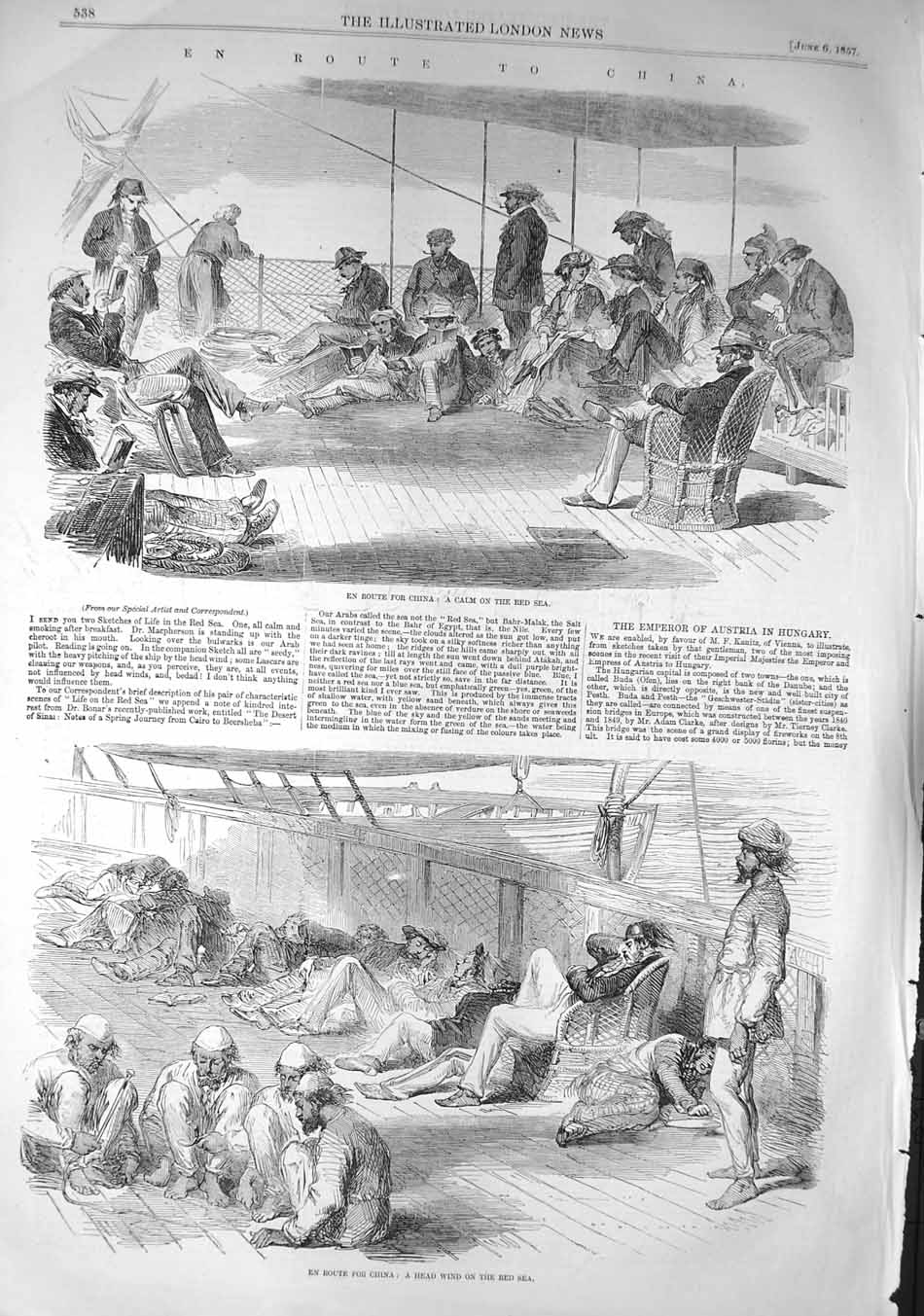 Original Old Antique Print 1857 Red Sea Ship China Passengers Transport 19th