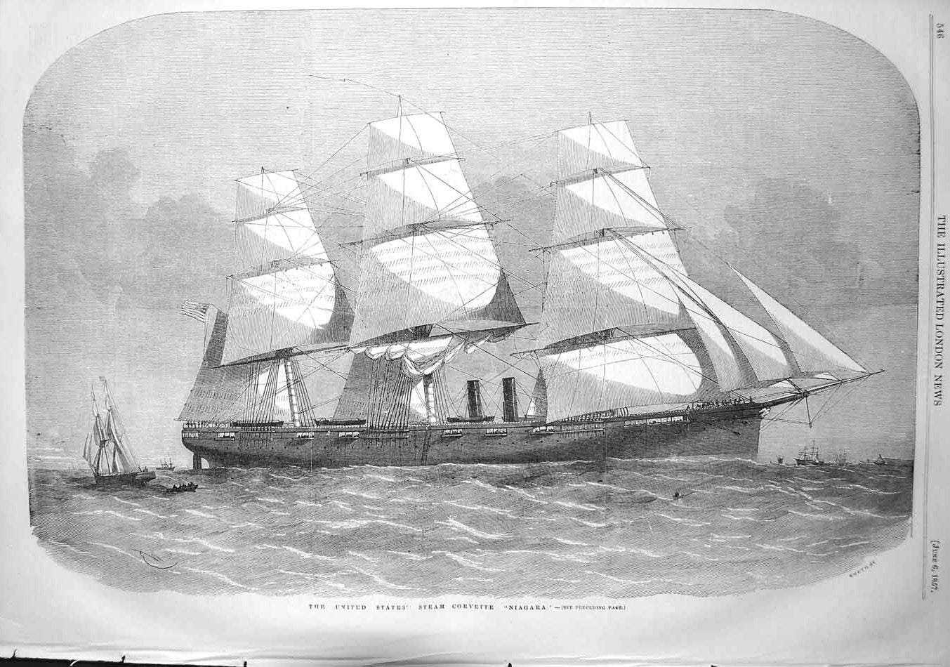 Original Old Antique Print 1857 United States Steam Corvette Ship Niagara Sea