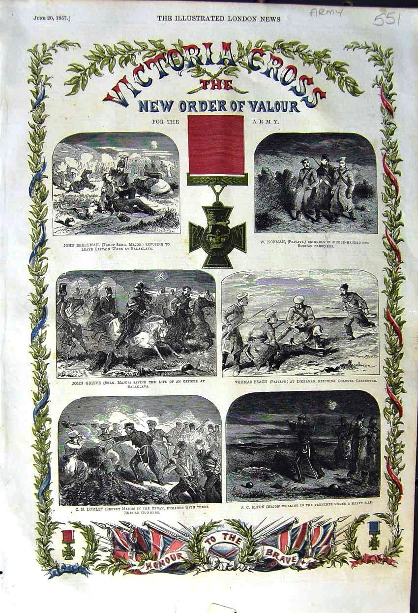 Original Old Antique Print 1857 Army Victoria Cross Berryman Grieve Elton 19th