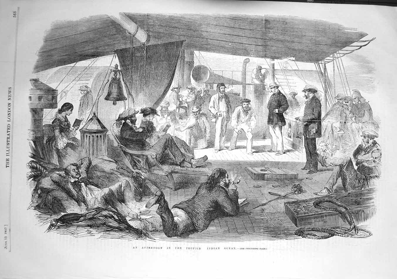 Original Old Antique Print 1857 Afternoon Tropics Indian Ocean Passengers Ship
