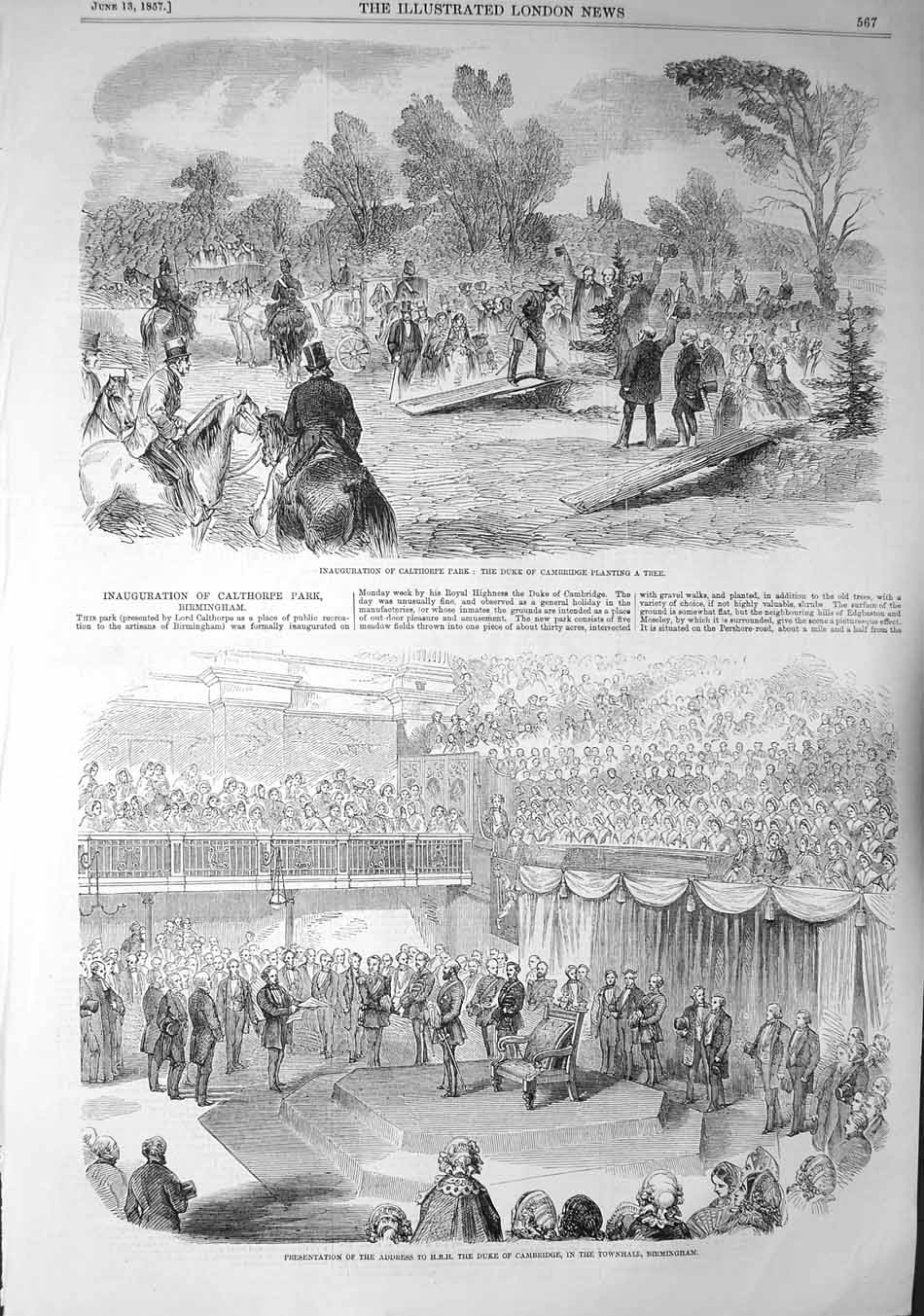 Old Antique Print 1857 Calthorpe Park Duke Cambridge Townhall Birmingham 19th