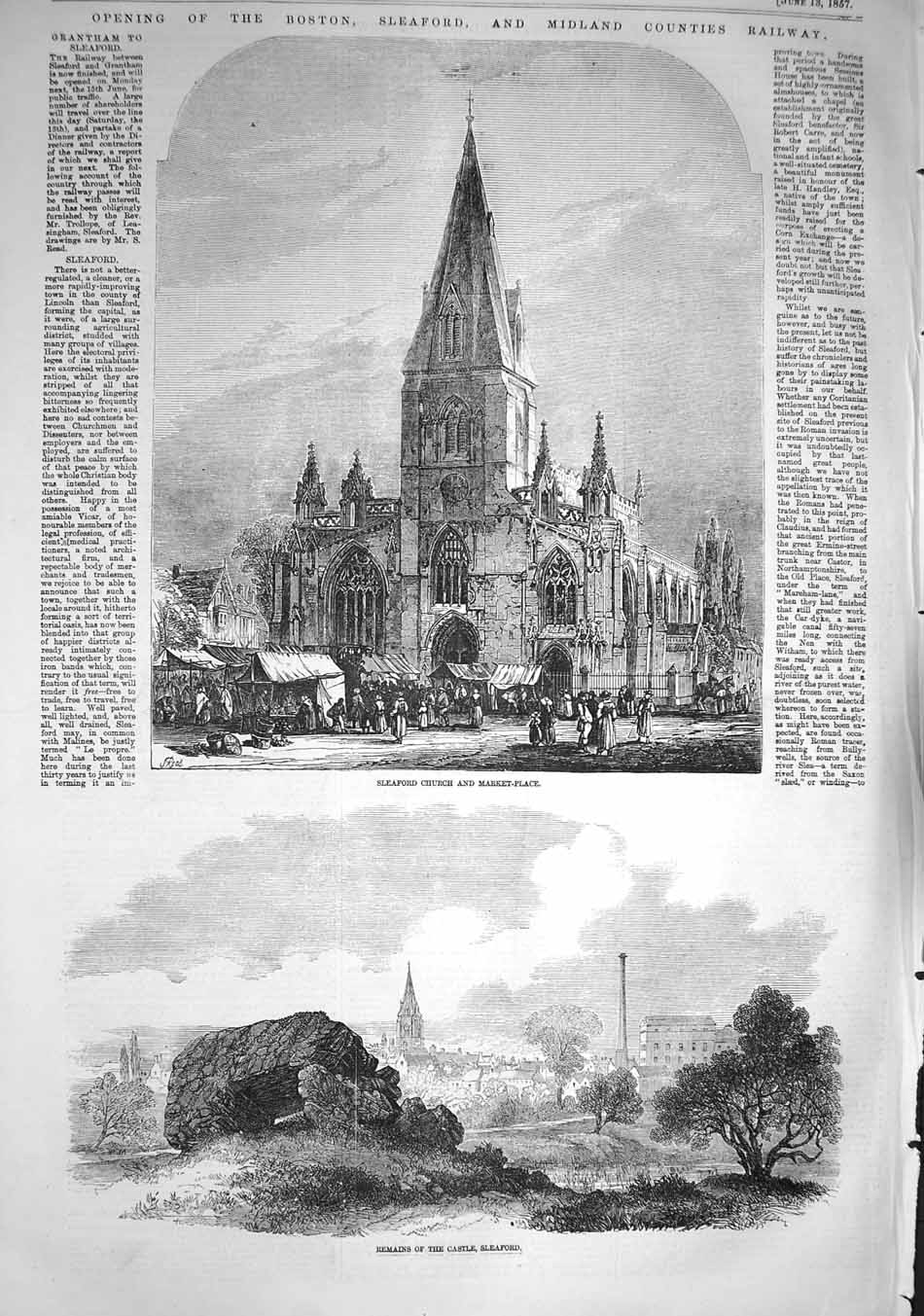 Original Old Antique Print 1857 Sleaford Church Market-Place Castle Railway 19th