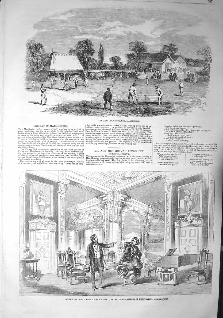 Original Old Antique Print 1857 Cricket Ground Manchesters Horton Regent Street
