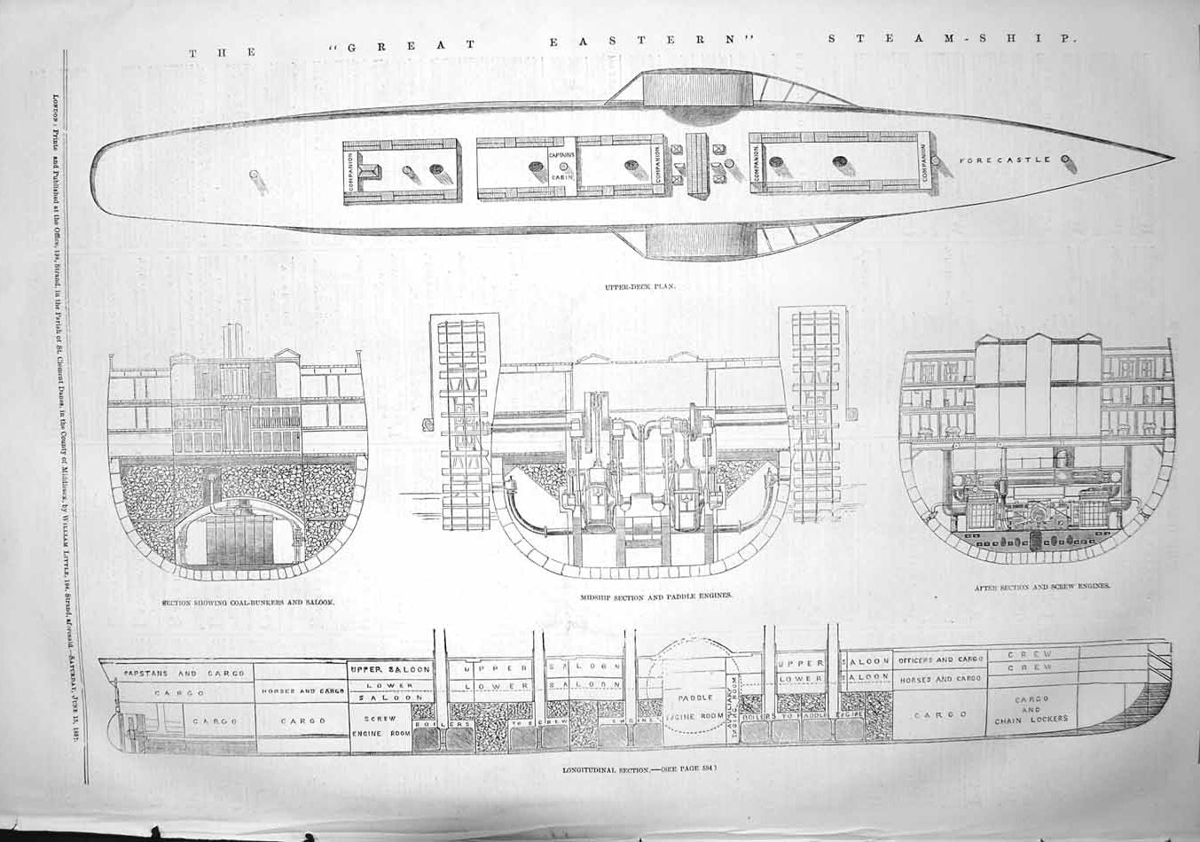 Original Old Antique Print 1857 Great Eastern Steam Ship Plan Coal Bunkers 19th