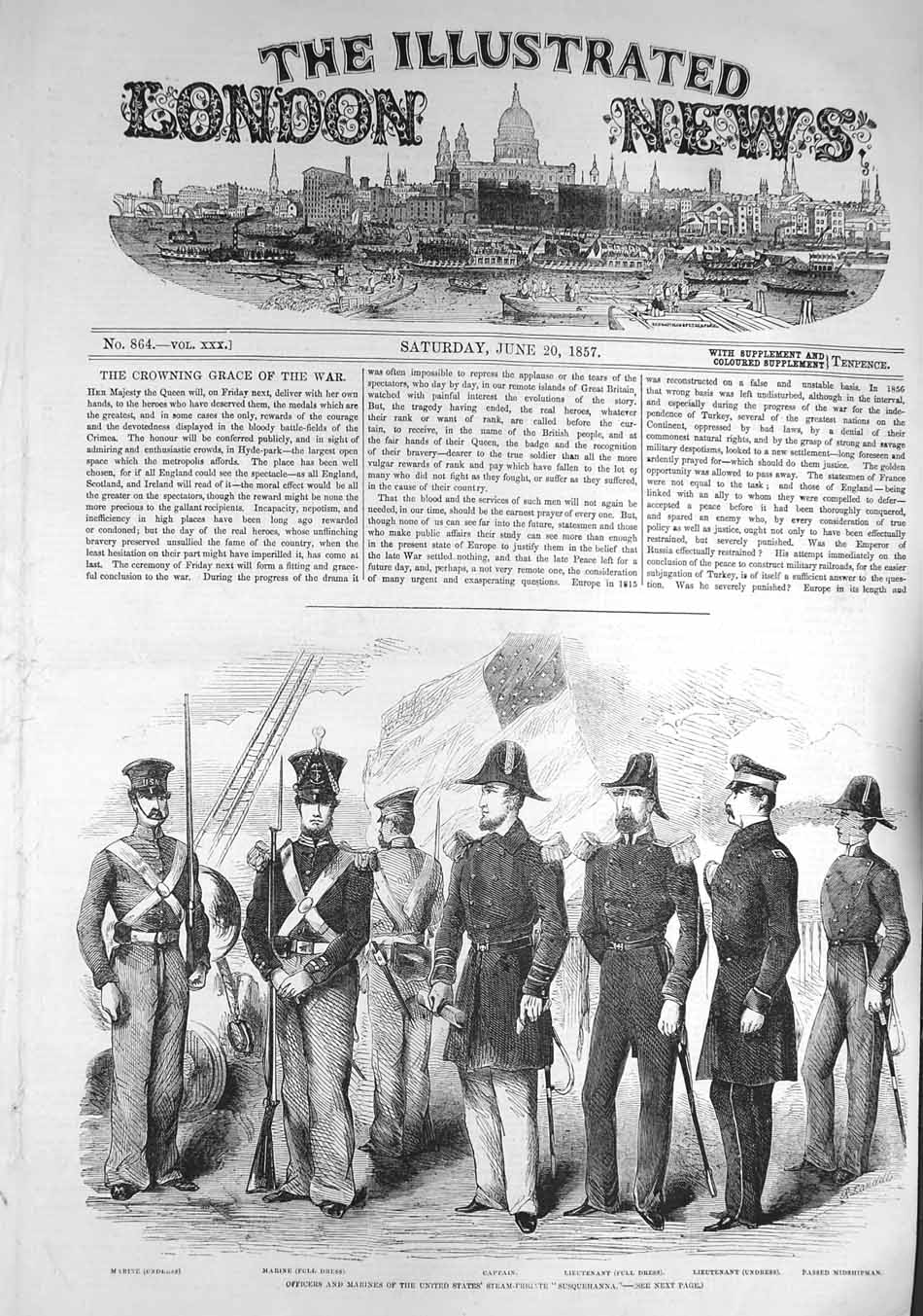 Old Antique Print 1857 Officers Marines American Ship Susquehanna Uniform 19th