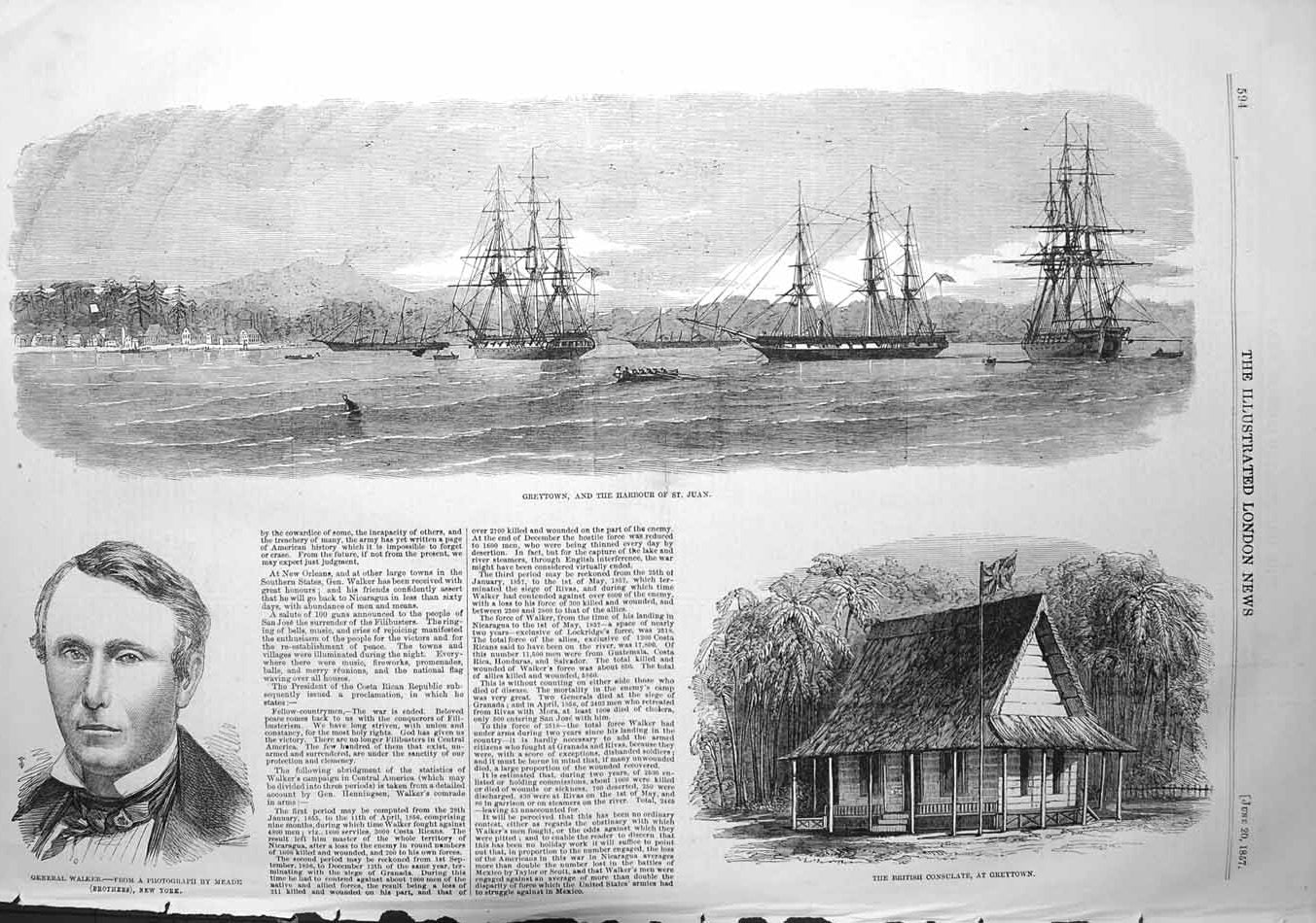 Old Antique Print 1857 Greytown Harbour St. Juan General Walker British 19th
