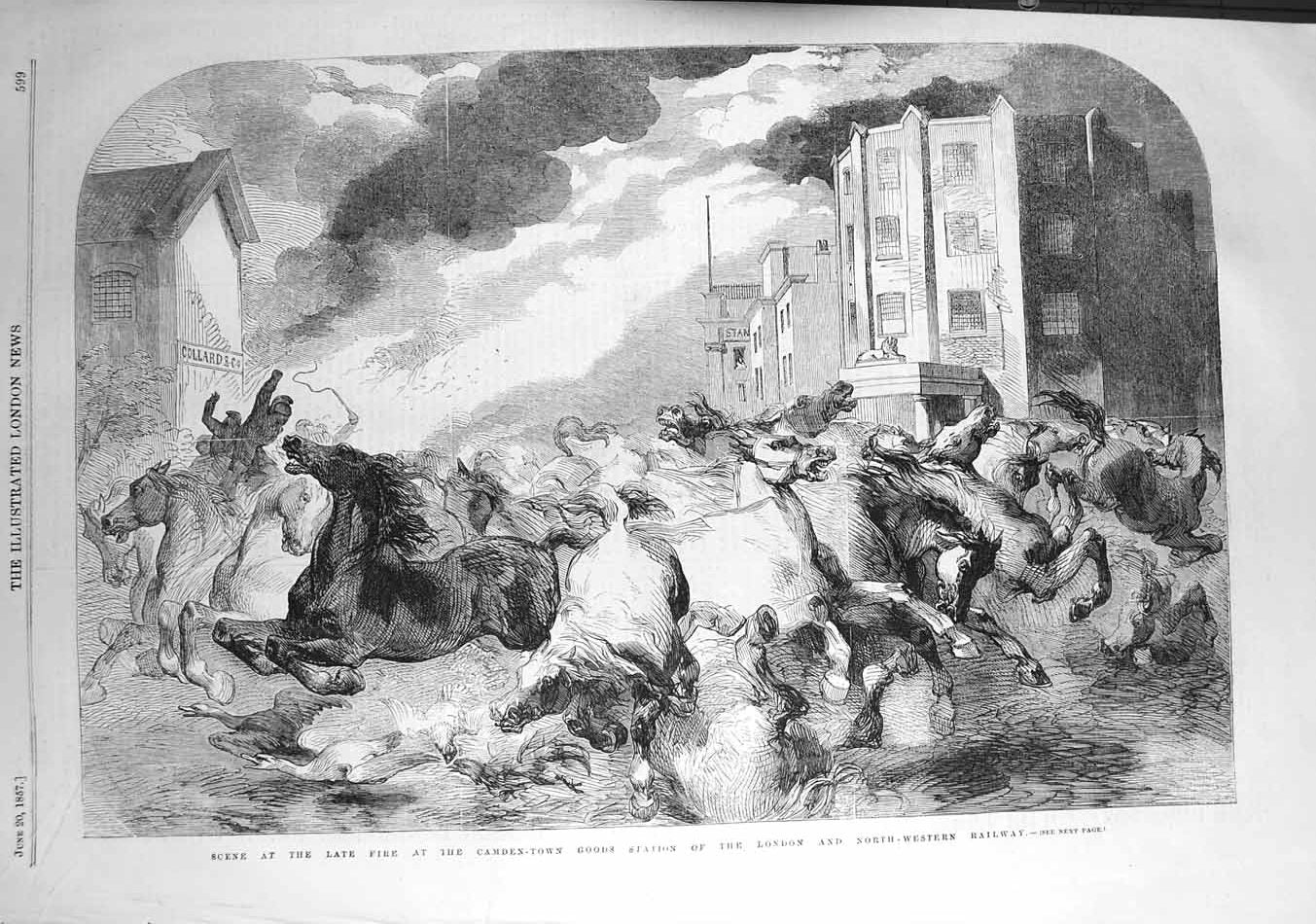 Original Old Antique Print 1857 Fire Camden Town Railway Goods Station Victorian