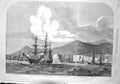 Original Old Antique Print 1857 Scene Arrival Flotilla Madeira War Ship 19th