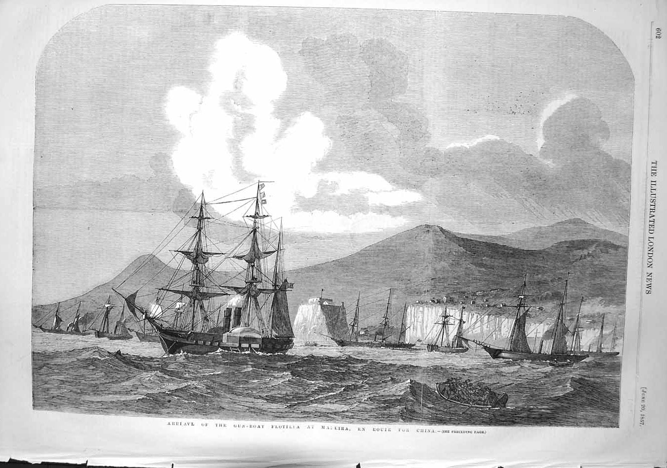 Original Old Antique Print 1857 Scene Arrival Flotilla Madeira War Ship 19th