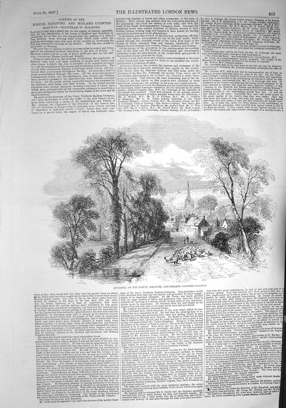 Old Antique Print 1857 View Lancaster Boston River Sleaford Railway Sheep 19th