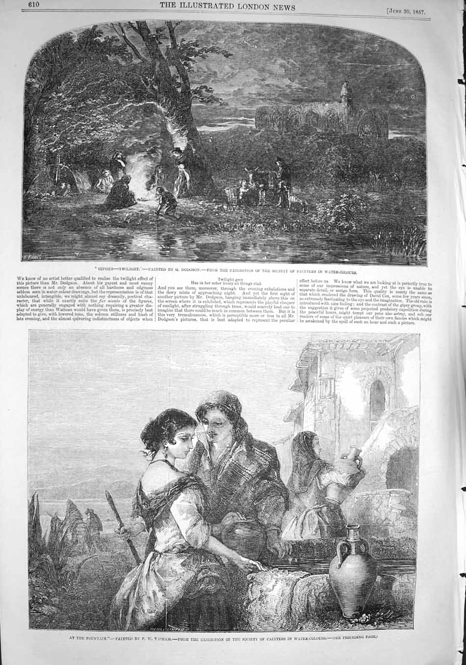 Original Old Antique Print 1857 Scene Gipsies Camp Fire Water Fountain People