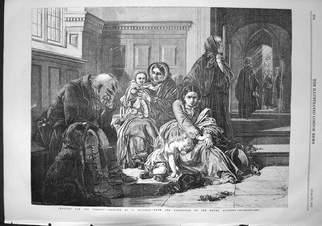 Original Old Antique Print 1857 Judges Court Room People Waiting Verdict Scene