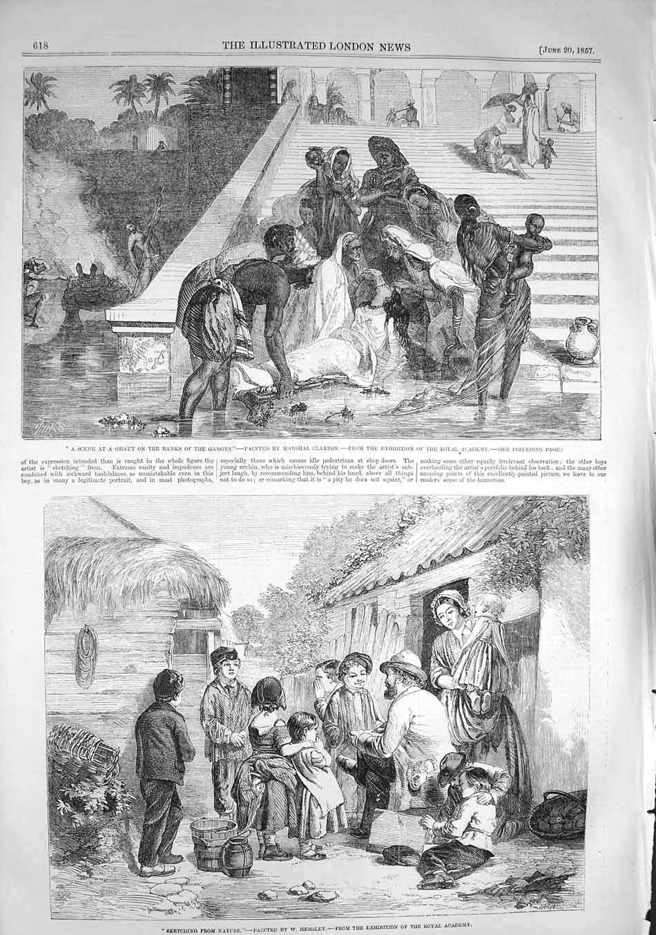 Original Old Antique Print 1857 Scene Ghaut Banks River Ganges Children Artist