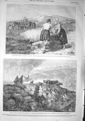 Original Old Antique Print 1857 Bridge Dolwyddelan Scotland Farming Mountains