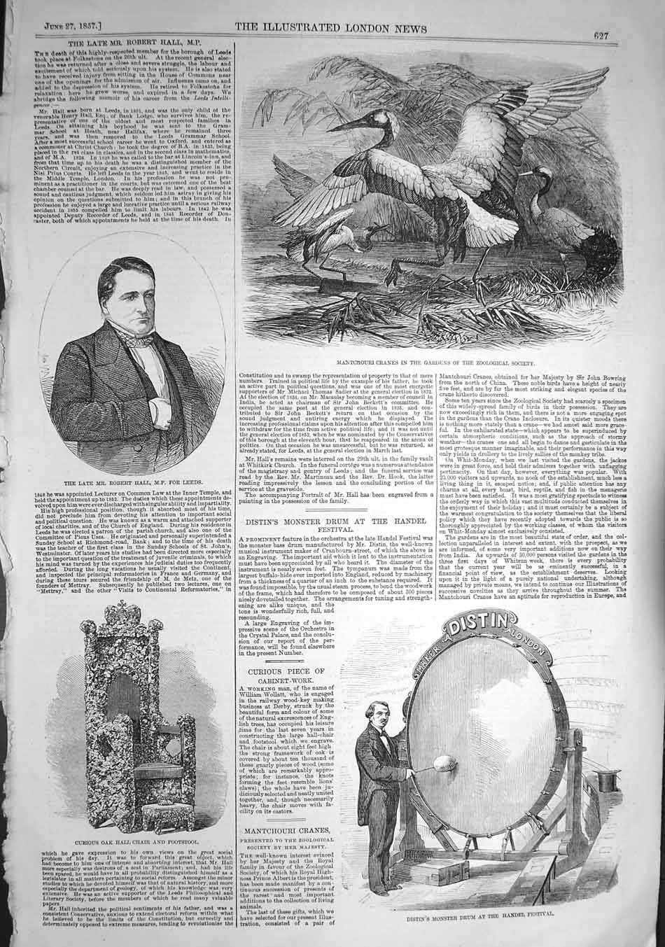 Old Antique Print 1857 Robert Hall Mantchouri Cranes Distin Handel Chair 19th