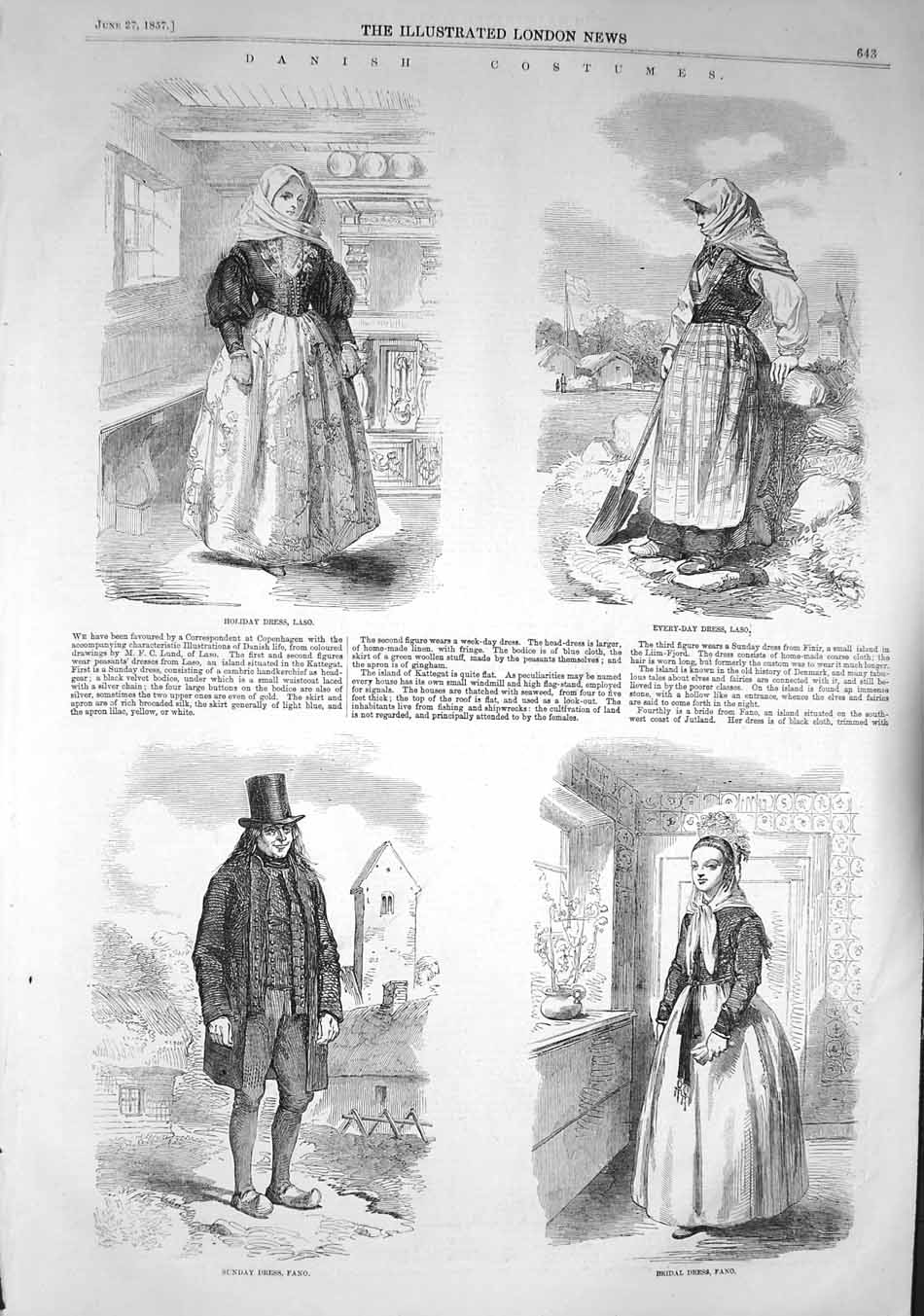 Original Old Antique Print 1857 Danish Costumes Laso Bridal Dress Fano Holiday