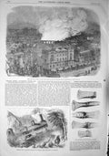 Original Old Antique Print 1857 Fire Camden Railway Station Grassi Train Engine