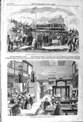 Original Old Antique Print 1857 Kensington Museum Chelsea Bridge Demonstration
