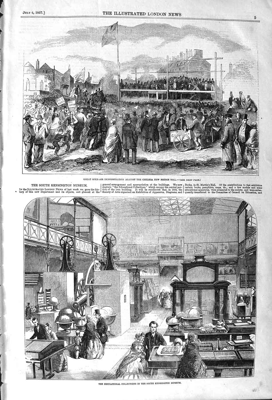 Original Old Antique Print 1857 Kensington Museum Chelsea Bridge Demonstration