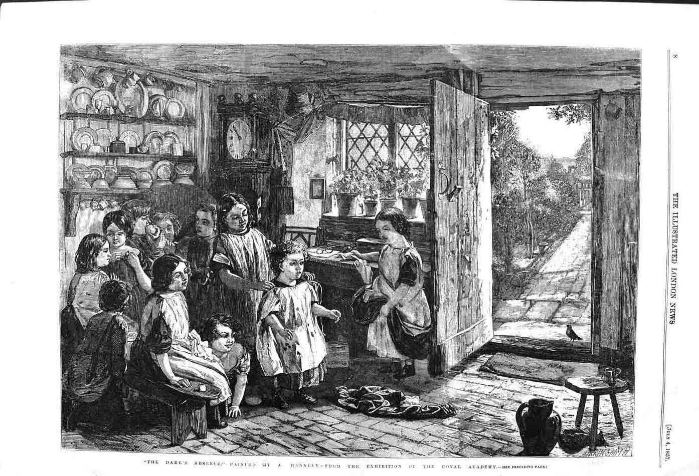 Original Old Antique Print 1857 Fine Art Scene Family House Children Victorian