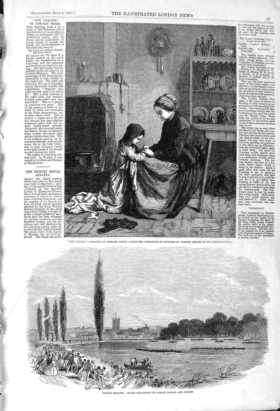 Original Old Antique Print 1857 Henley Regatta London Oxford Boat Race Praying