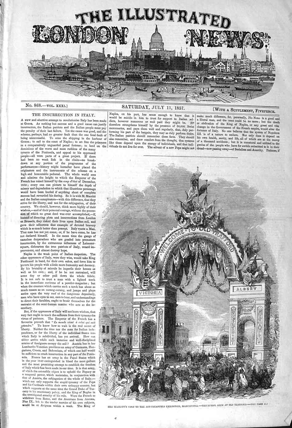 Original Old Antique Print 1857 Queen Art-Treasures Exhibition Manchester Arch