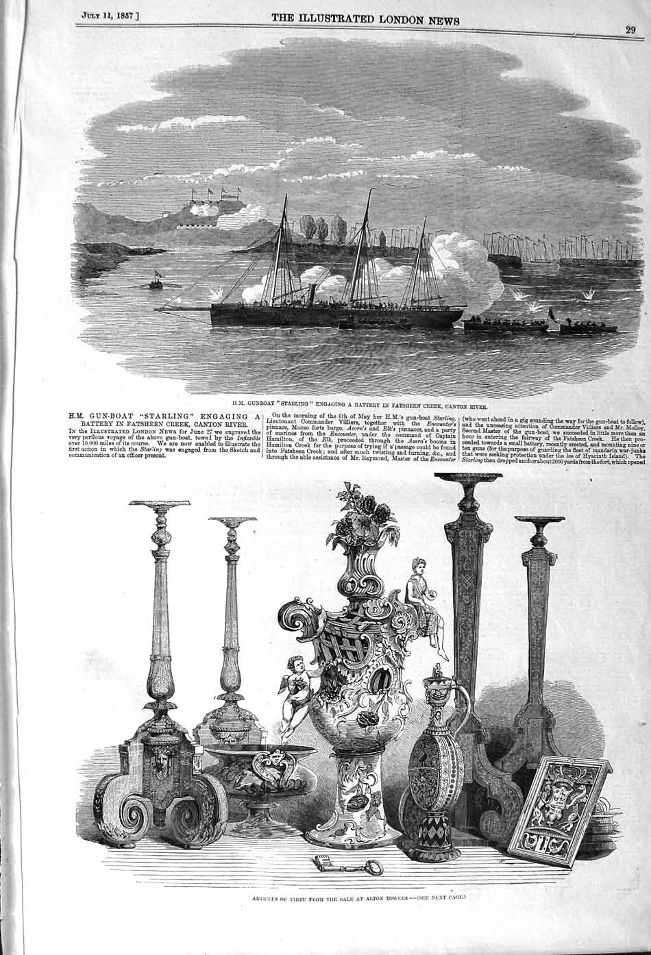 Old Antique Print 1857 Gunboat Ship Starling Fatsheen Creek Canton Virtu 19th