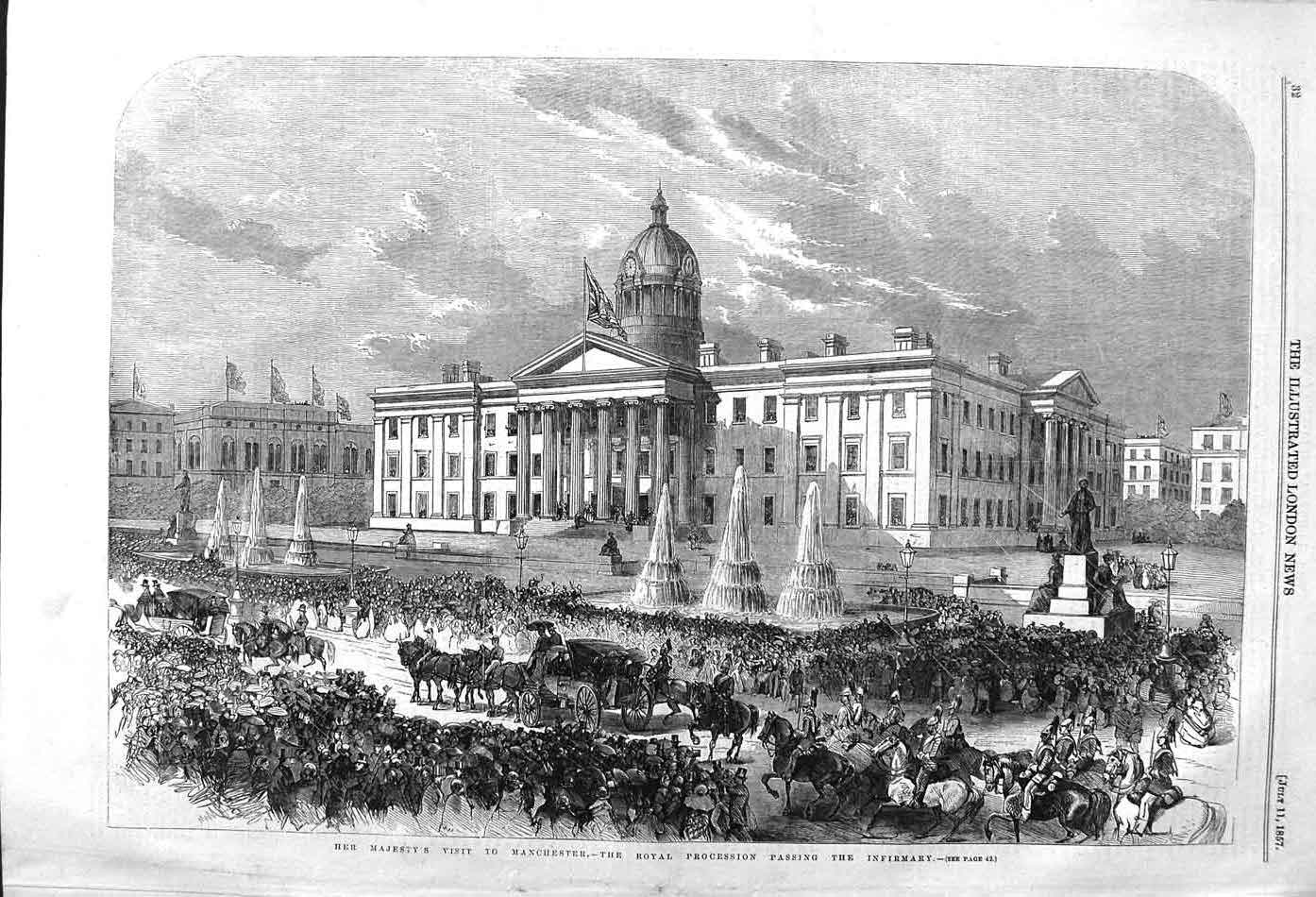 Original Old Antique Print 1857 Queen Manchester Procession Infirmary Hospital