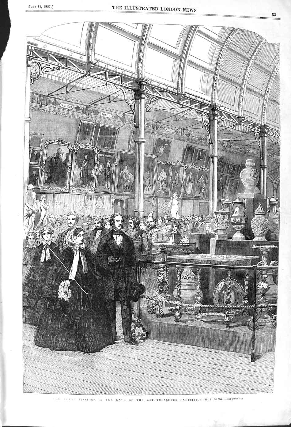 Original Old Antique Print 1857 Royal Family Art Treasures Exhibition Building
