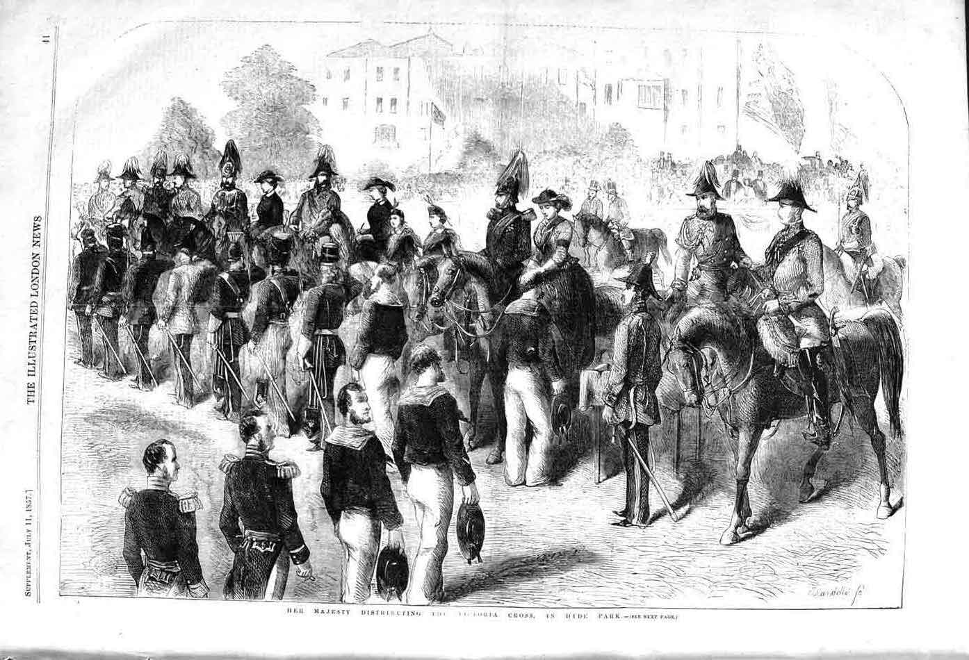 Original Old Antique Print 1857 Queen Victoria Cross Hyde Park London Victorian