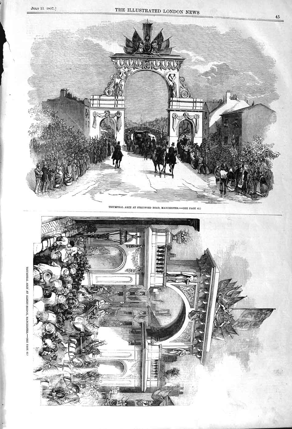 Original Old Antique Print 1857 Triumphal Arch Stretford Manchester Albert 19th