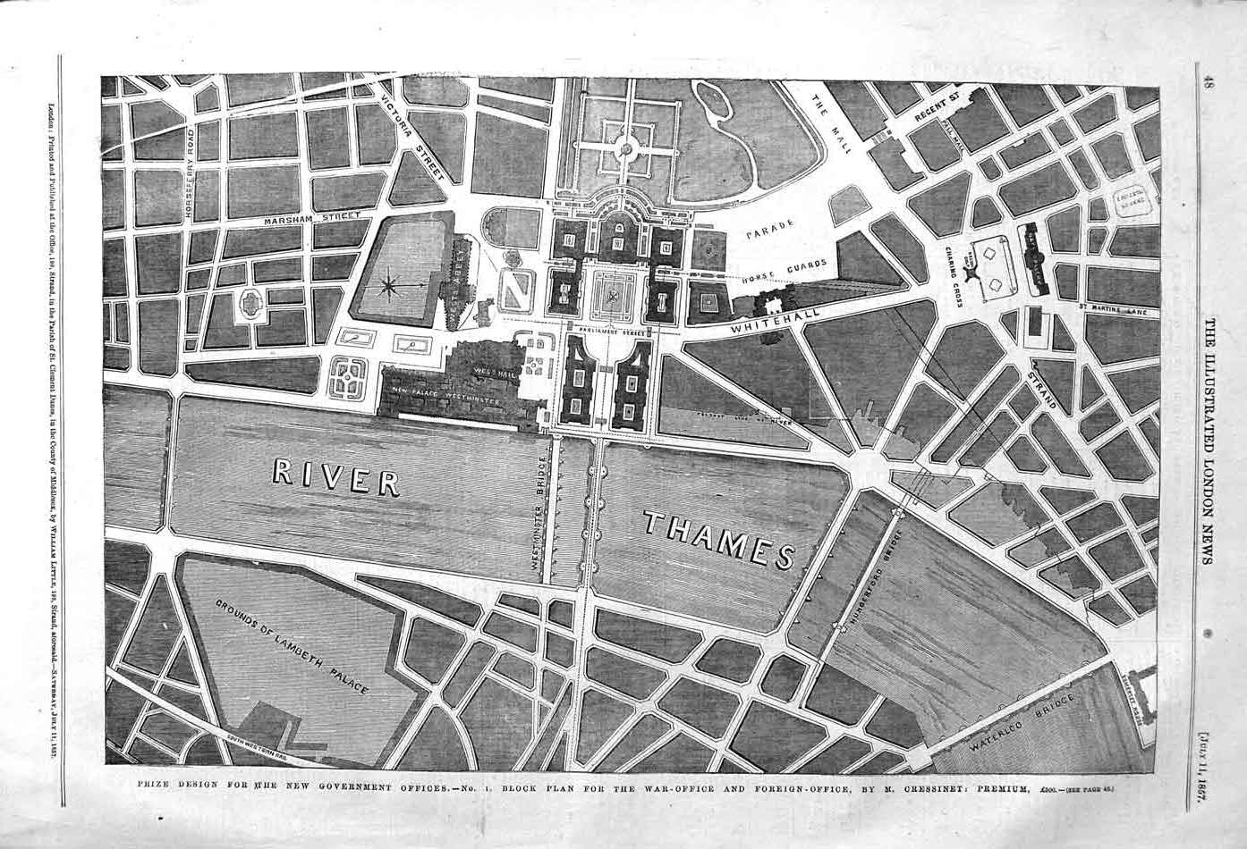 Old Antique Print 1857 Design Government Offices Plan War Foreign London 19th