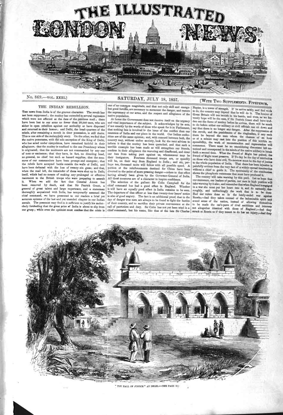 Original Old Antique Print 1857 Hall Justice Delhi India Architecture Victorian