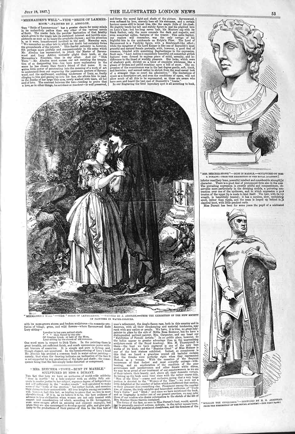 Original Old Antique Print 1857 Statue William Conqueror Beecher-Stowe Romance