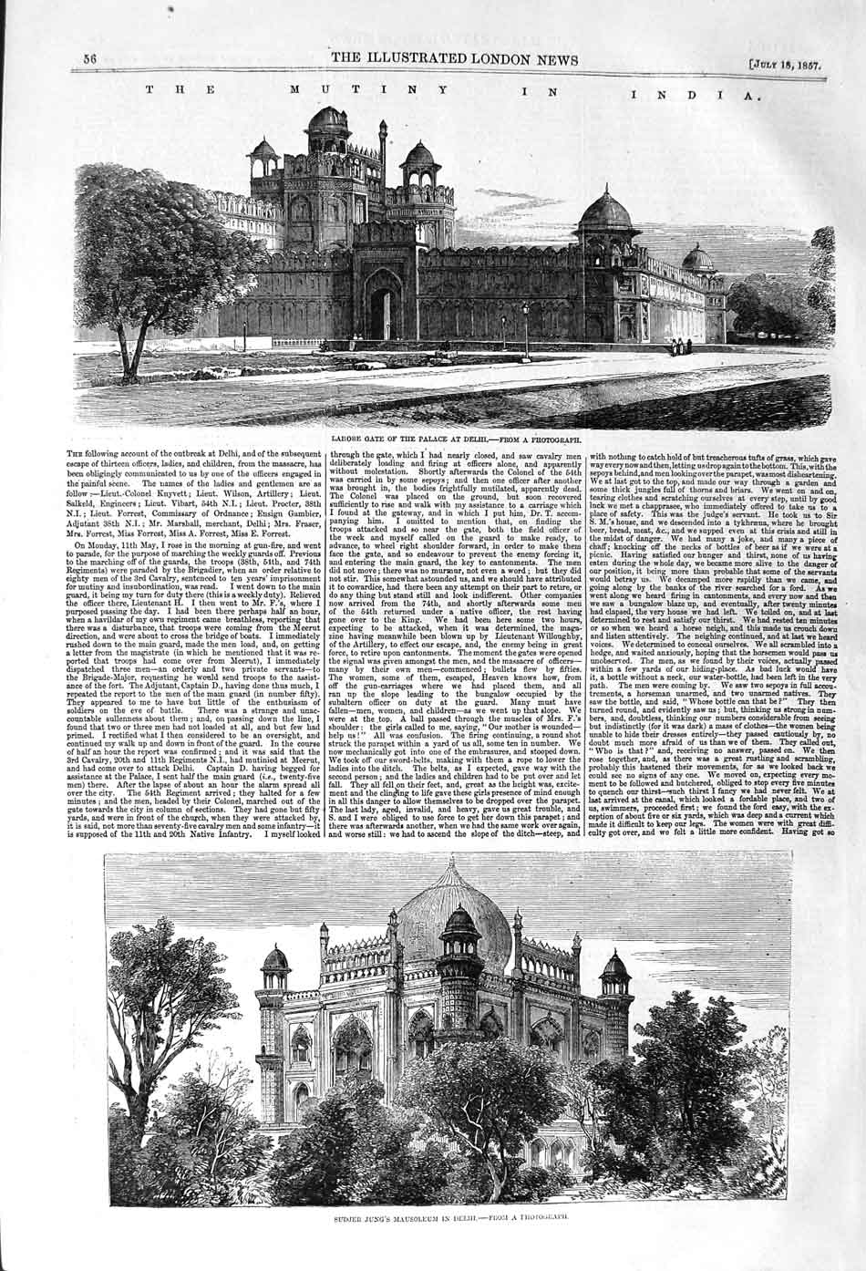 Original Old Antique Print 1857 Mutiny India Sudjer Jung Mausoleum Delhi 19th