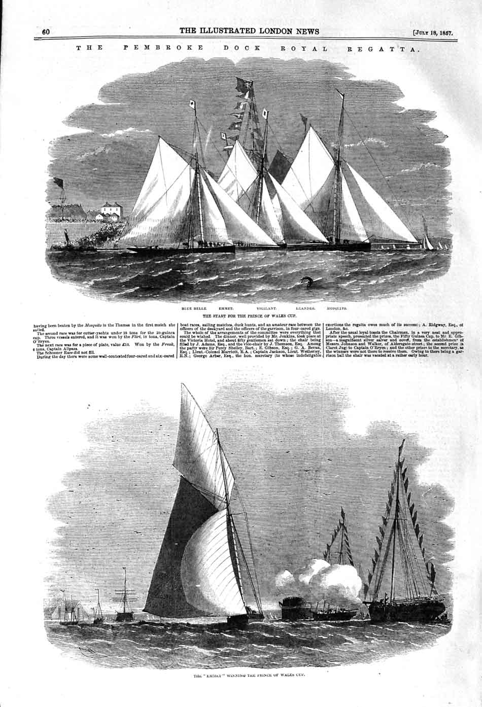 Original Old Antique Print 1857 Prince Wales Cup Pembroke Emmet Yachts Emmet