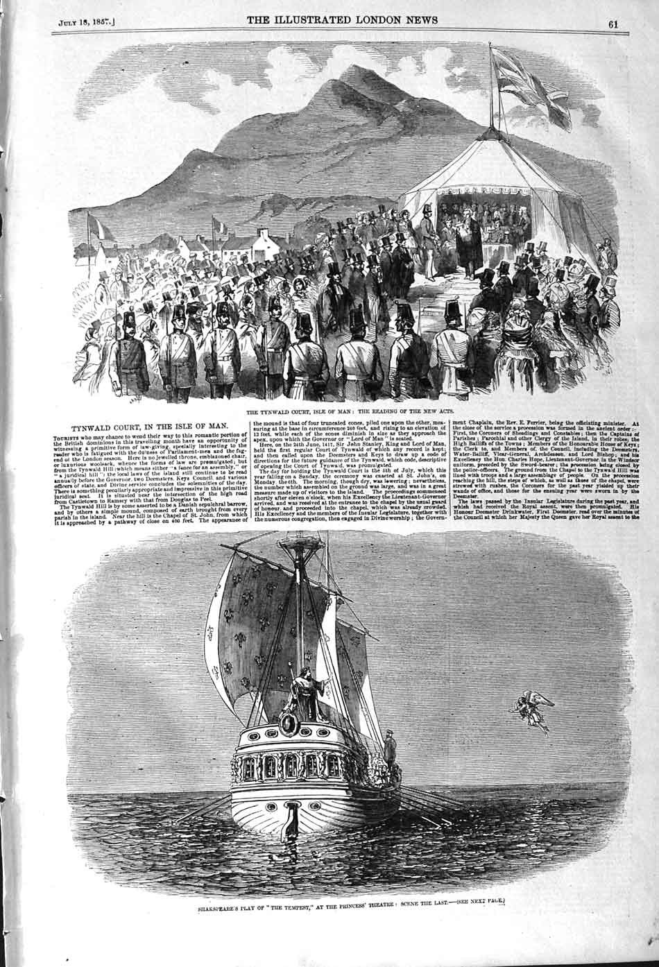 Old Antique Print 1857 Tynwald Court Isle Man Shakspeare Tempest Theatre 19th