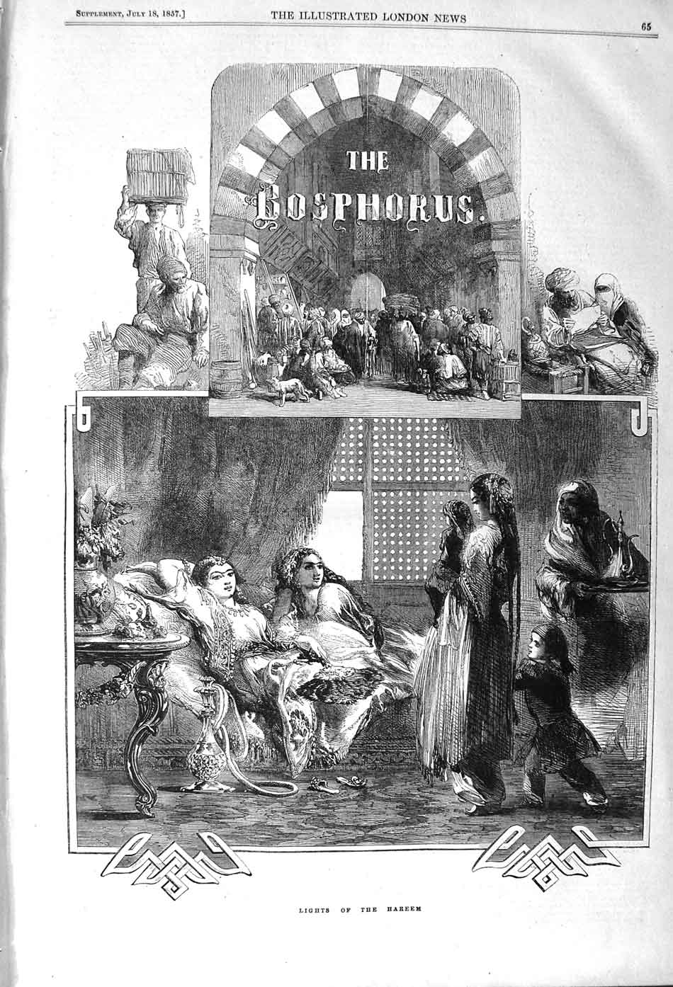Original Old Antique Print 1857 Bosphorus Hareem Boatmen Shopping Carriage 19th