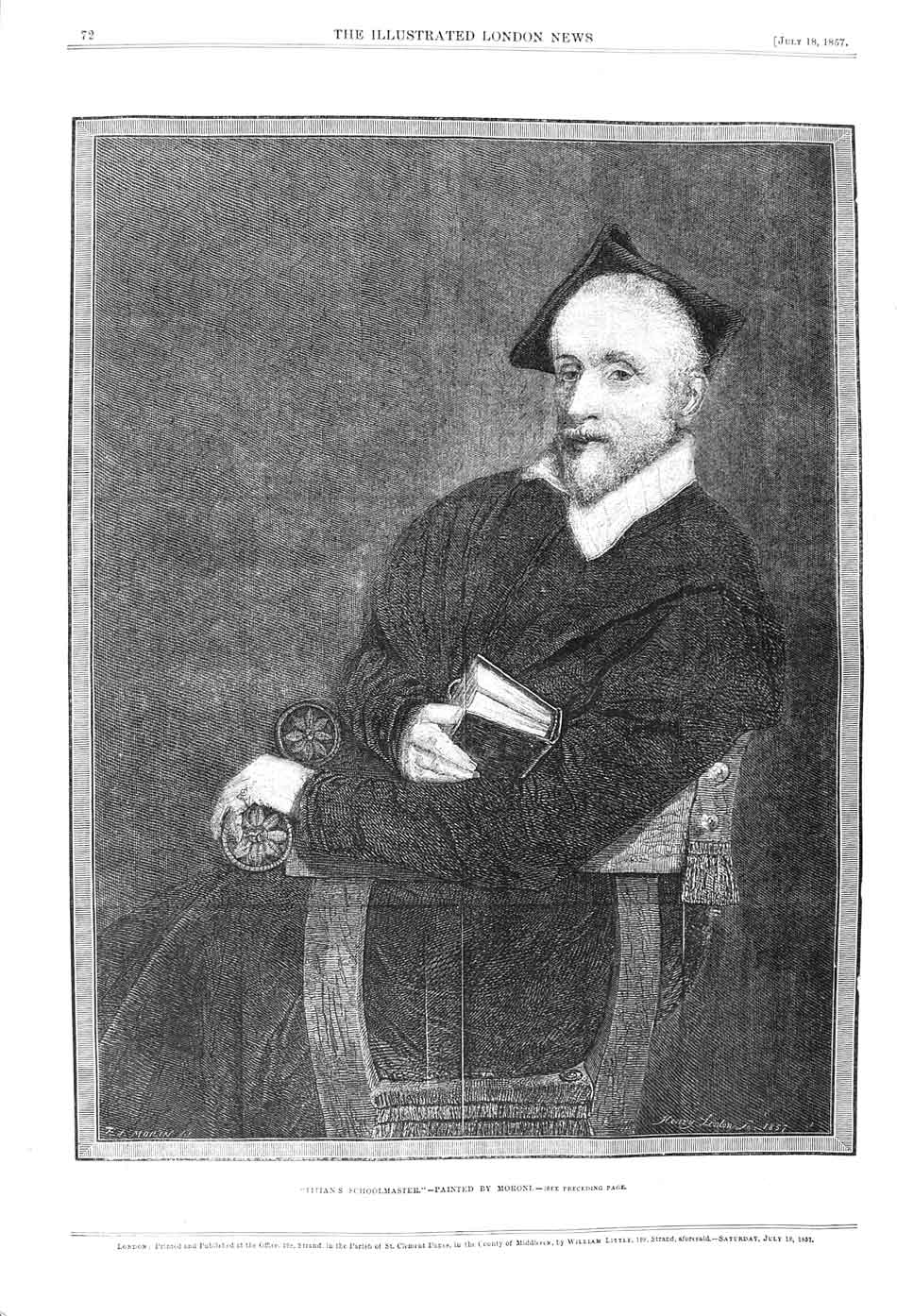 Original Old Antique Print 1857 Portrait Titians Schoolmaster Moroni Victorian